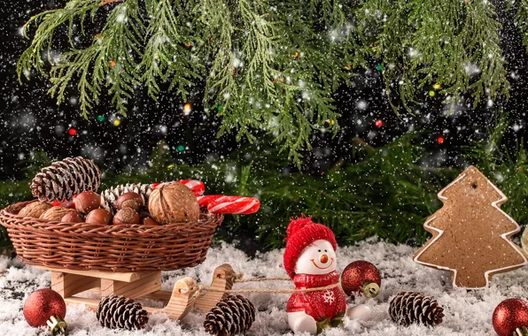 Картинка снег, украшения, игрушки, Новый Год, Рождество, снеговик, christmas, wood, winter, snow, merry, snowman, decoration, fir …