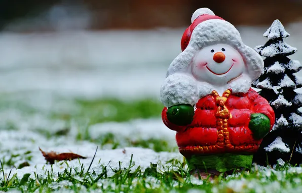 Картинка трава, снег, улыбка, праздник, игрушка, новый год, рождество, куртка, снеговик, ёлочка, полянка, шапочка, фигурка, рожица, …