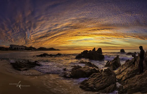 Картинка море, небо, закат, камни, берег, Мексика