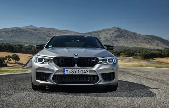 Картинка серый, BMW, седан, вид спереди, 4x4, 2018, четырёхдверный, M5, V8, F90, M5 Competition