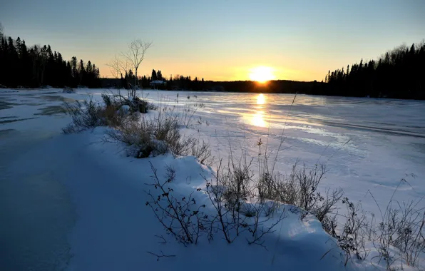 Картинка зима, солнце, деревья, река, рассвет, мороз, Alain Audet