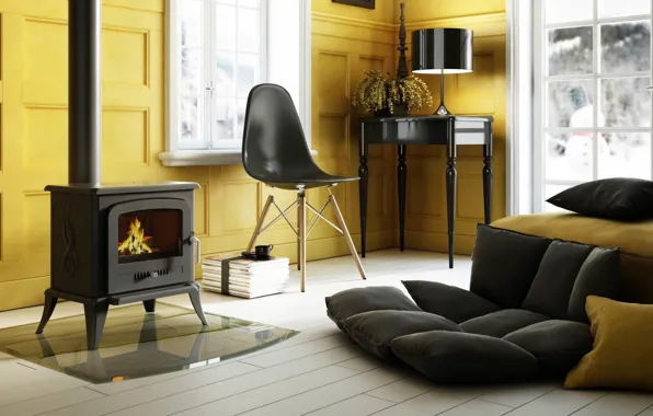 Картинка дизайн, стиль, лампа, интерьер, кресло, стул, камин, столик, гостиная, теплый желтый