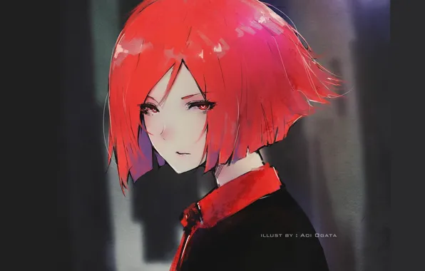 Картинка взгляд, лицо, стрижка, girl, тёмный фон, красные волосы, портрет девушки, Aoi Ogata