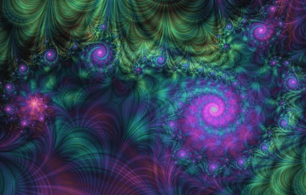 Картинка фиолетовый, абстракция, зеленый, сиреневый, узор, темный, спираль, фрактал, орнамент, математическая вселенная, когерентные волны