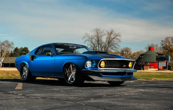 Картинка Mustang, Ford, 1969, House, Ford Mustang, Blue, Muscle car, Road, SEMA, Ringbrothers, 2022, SEMA 2022, …