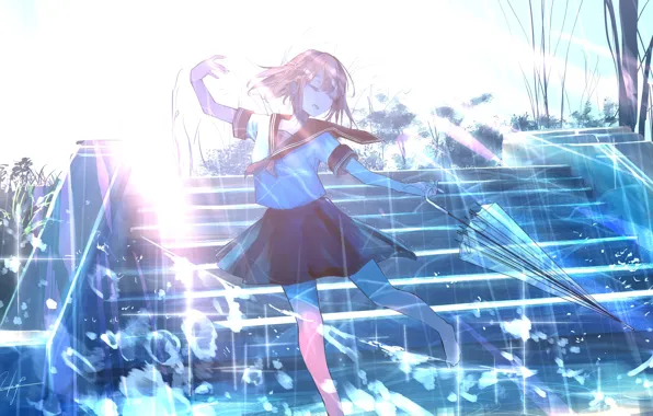 Картинка девушка, зонт, после дождя, школьница, солнечные лучи, танцует, by Goroku