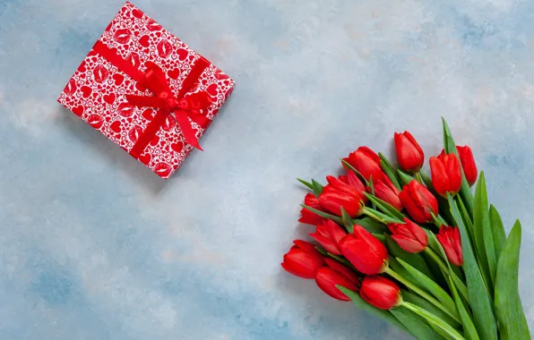 Картинка подарок, букет, лента, тюльпаны, красные, Ellygri