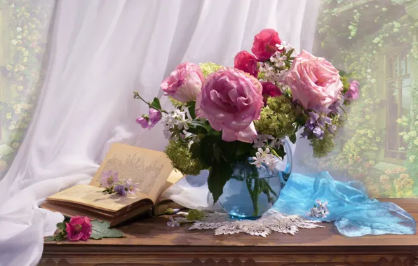 Картинка цветы, розы, букет, ткань, книга, кувшин, натюрморт, салфетка, Валентина Колова