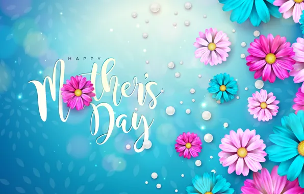Картинка шарики, цветы, праздник, надпись, голубые, розовые, голубой фон, поздравление, боке, День матери