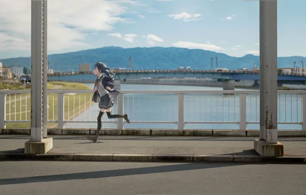 Картинка девушка, мост, школьница, бежит, школьная форма