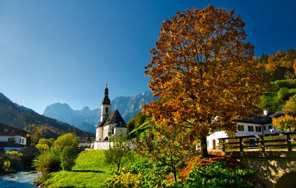 Картинка осень, пейзаж, горы, природа, река, дома, Германия, Бавария, Альпы, церковь, Берхтесгаден, община