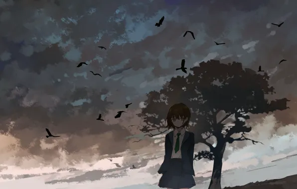 Картинка одиночество, школьница, одинокое дерево, серое небо, пасмурная погода, мрачное место, черные вороны, by Axle