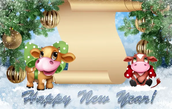 Картинка шарики, снег, ветки, Новый год, символ, хвоя, 2021