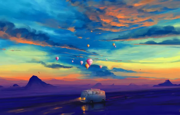 Картинка lights, twilight, road, sky, landscape, sunset, art, mountains, clouds, evening, painting, artist, artwork, balloons, illustration, …