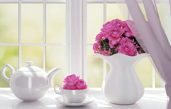 Картинка цветы, чайник, окно, чашка