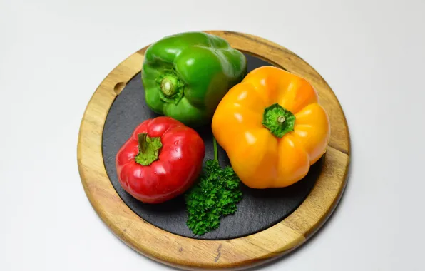 Картинка доска, трио, овощи, петрушка, болгарский перец