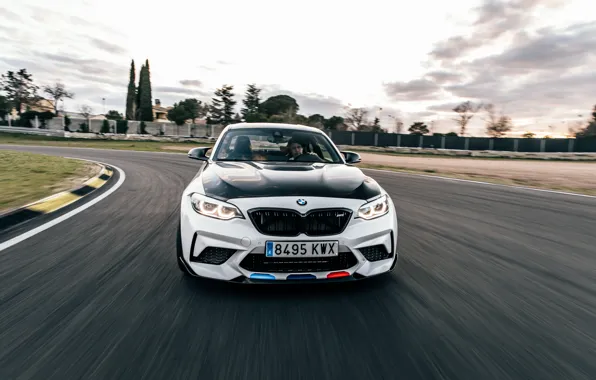 Картинка скорость, BMW, вид спереди, гоночный трек, 2018, Competition, F87, BMW M2, M Performance Accessories