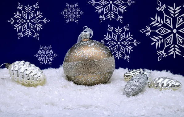 Картинка снег, снежинки, праздник, шарик, Новый год, шишки, ёлочные игрушки, новогодние декорации, Рождетво