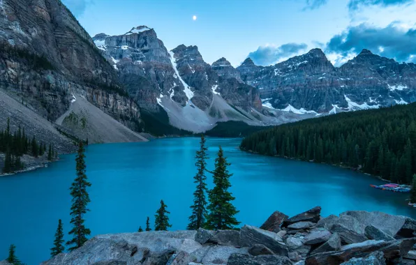 Картинка лес, горы, озеро, синева, Канада, Альберта, Морейн