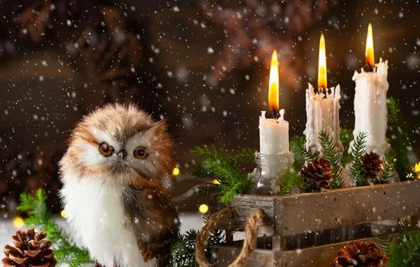 Картинка новый год, свечи, гирлянда, шишки, совенок, еловые ветки, комозиция, Svetlana Kolpakova