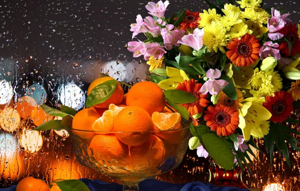 Картинка цветы, дождь, букет, апельсины, натюрморт