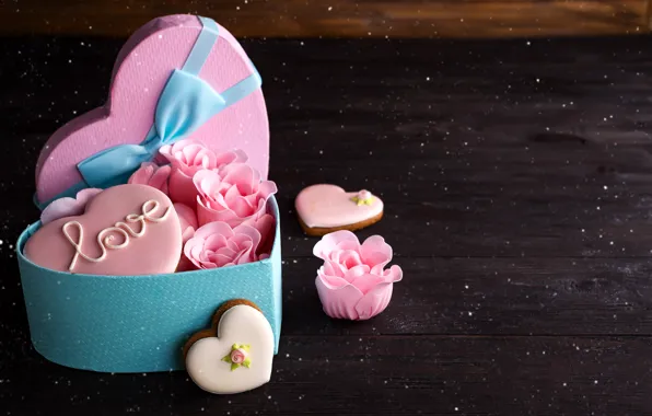 Картинка коробка, подарок, сердце, розы, colorful, love, heart, romantic, roses, cookies, gift box