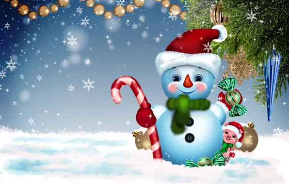 Картинка зима, фон, праздник, новый год, снеговик, символ года, открытка, поросёнок