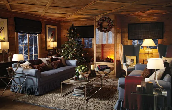 Картинка тепло, елка, интерьер, Новый Год, Рождество, камин, гостиная, New Year, уютно, Новогодний дизайн, Log cabin …