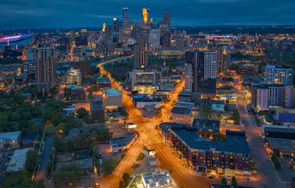 Картинка здания, дороги, дома, панорама, перекрёсток, ночной город, небоскрёбы, Миннесота, Minnesota, Minneapolis, Миннеаполис