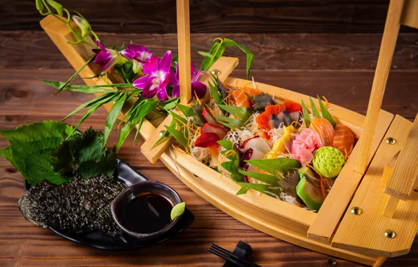 Картинка рыба, рис, соус, суши, ассорти