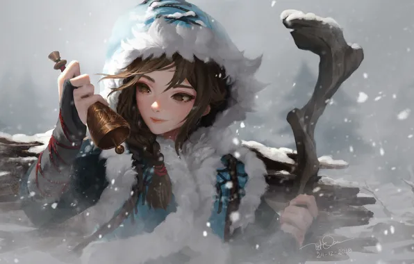 Картинка зима, снег, вьюга, колокольчик, snow, Dao Le Trong, артЮ аниме