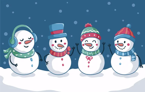 Картинка зима, снег, шапка, графика, шляпа, наушники, Рождество, сугробы, Новый год, снеговики, снеговик, снегопад, квартет