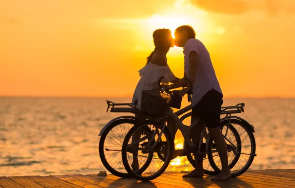 Картинка любовь, закат, велосипед, поцелуй, пара