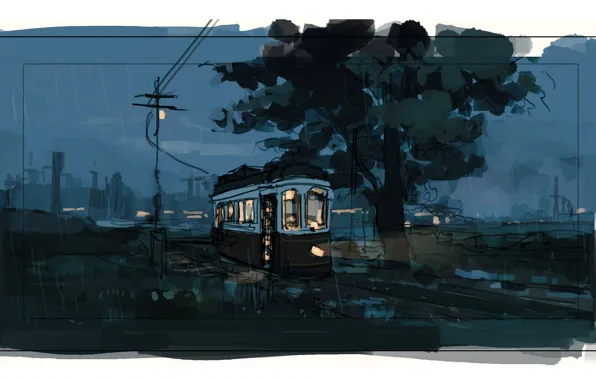 Картинка столбы, провода, трамвай, сумерки, свет в окнах, пригород, дождливый вечер, вечернее небо, большое дерево