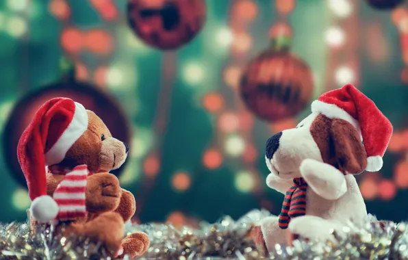 Картинка Рождество, Новый год, медвежонок, мишура, собачка, плюшевые игрушки