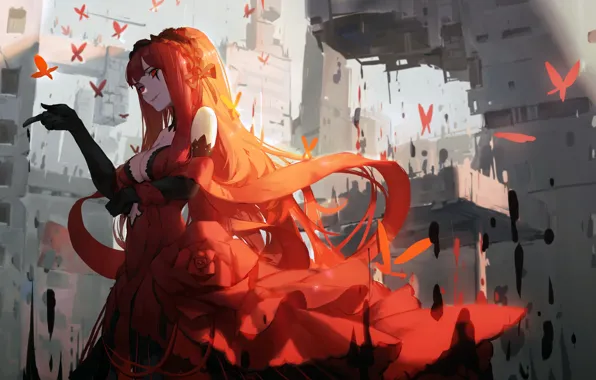 Картинка девушка, город, аниме, арт, руины, красное платье