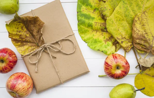 Картинка осень, листья, фон, дерево, яблоки, colorful, wood, background, autumn, leaves, gift, осенние, apples
