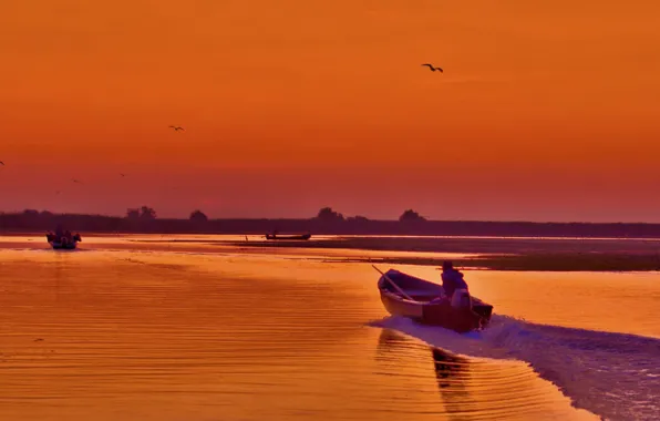 Картинка природа, лодка, зарево, Украина, дельта Дуная