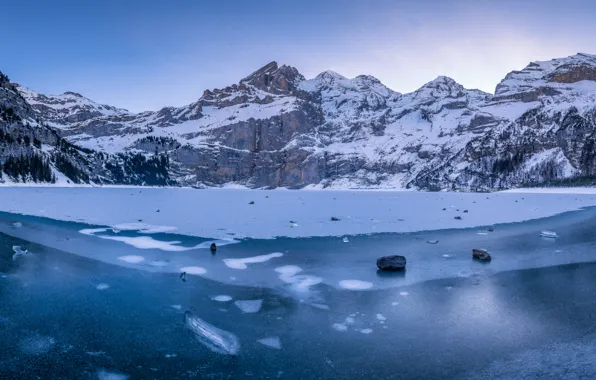 Картинка зима, горы, лёд, Швейцария, Switzerland, Bernese Alps, Бернские Альпы, Oeschinen Lake, Oeschinensee, замёрзшее озеро, Озеро …