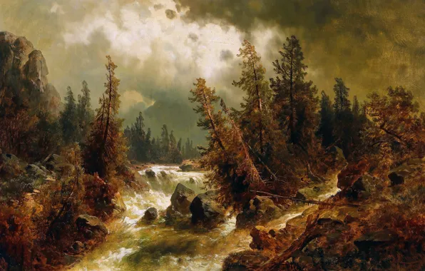 Картинка Поток, Деревья, Река, Тучи, Картина, Австрийский художник, Josef Thoma, Стремительный Горный поток в Штормовую погоду, …