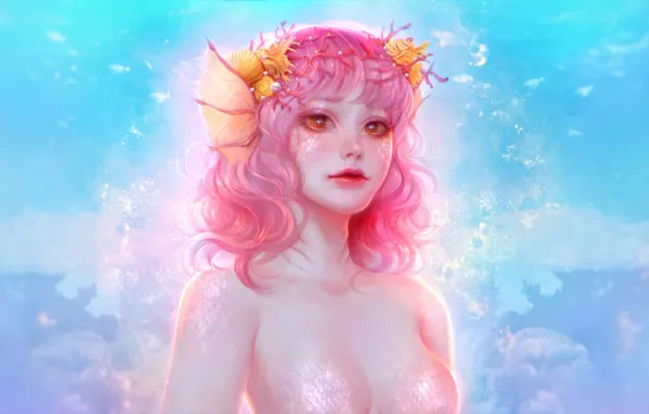 Картинка небо, вода, русалка, кораллы, фэнтези, ракушки, by Ladygelion