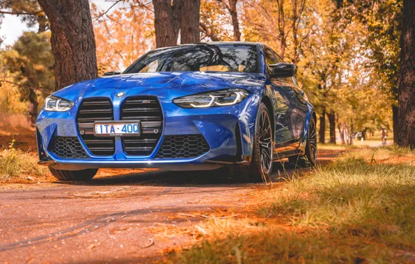 Картинка BMW, Blue, Front, Autumn, BMW M3, Road, Forest, G80, 2022