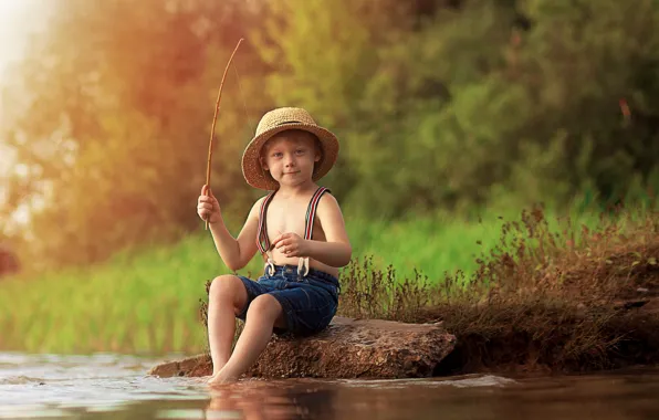 Картинка лето, природа, река, камень, рыбалка, рыбак, мальчик, ребёнок, Екатерина Борисова