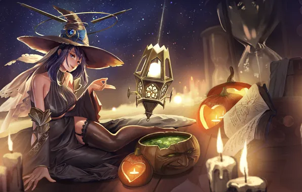 Картинка Halloween, ведьма, witch, зелье, тыквы зла, черная магия, черная одежда, гримуар, горящие свечи, проклятье