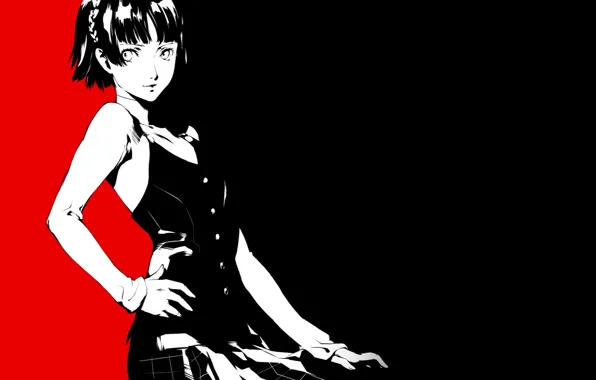 Картинка взгляд, девушка, красный, чёрный, игра, аниме, арт, персона, Persona 5