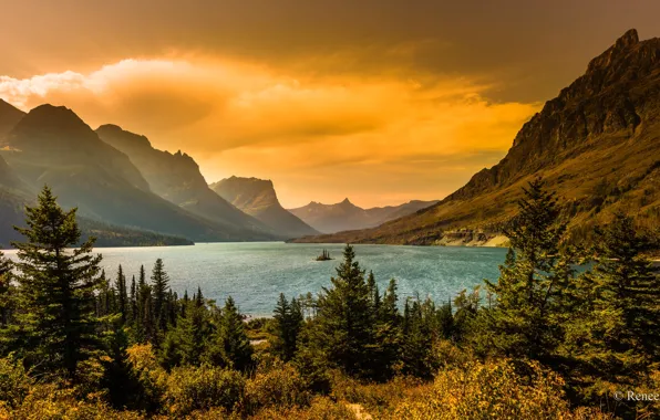 Картинка лес, небо, солнце, облака, деревья, закат, горы, озеро, скалы, Glacier National Park