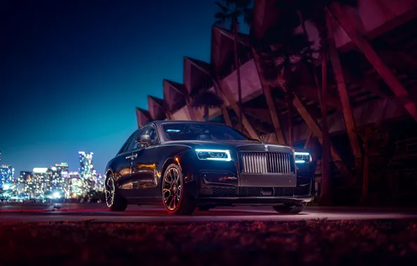 Картинка Rolls-Royce, Light, Ghost, Front, Black, Night, Side, Town, Rolls-Royce Ghost, Black Badge, 2022, Front and …