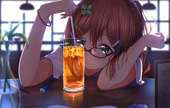Картинка девушка, стакан, лёд, кафе, трубочка, напиток, лимонад