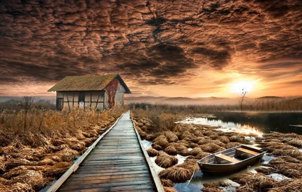 Картинка закат, мост, озеро, дом, лодка