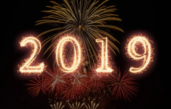 Картинка золото, Новый Год, цифры, golden, черный фон, black, background, New Year, fireworks, Happy, sparkle, 2019
